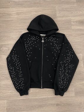 Black Embellished Zip-Up Hoodie Jacket - Men's
